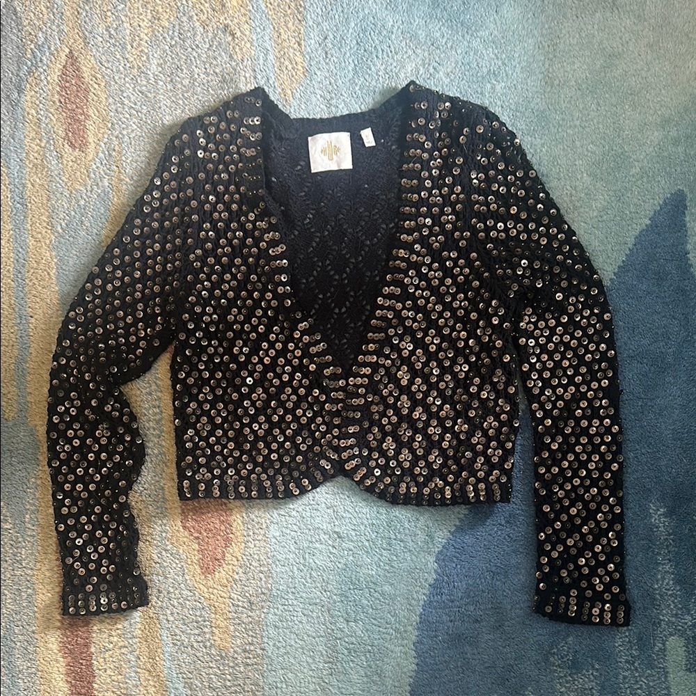 Anthropologie Black Cardigan with Gold Sequin Accents